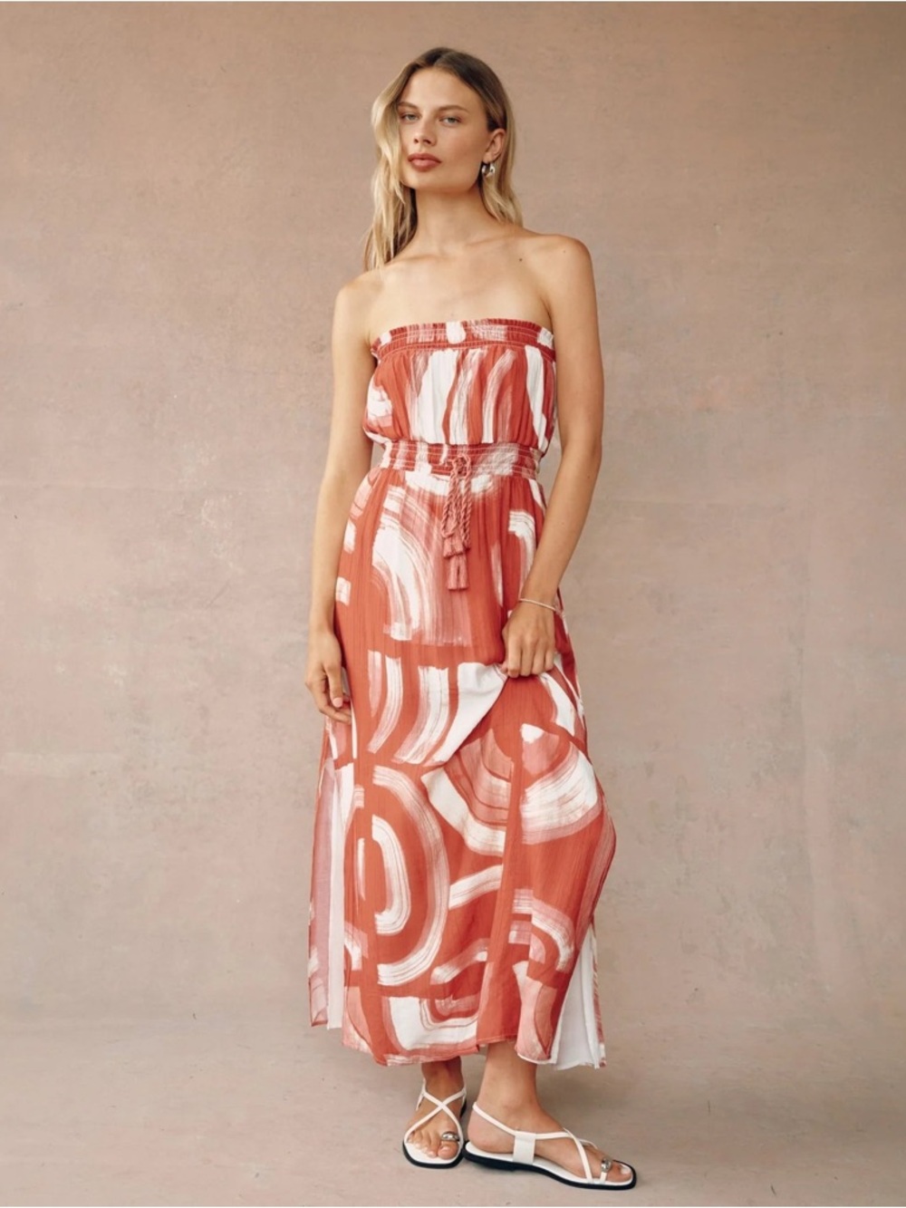 Bella Dahl Abstract Art Strapless Midi Dress Smocked NWOT Style Size Small